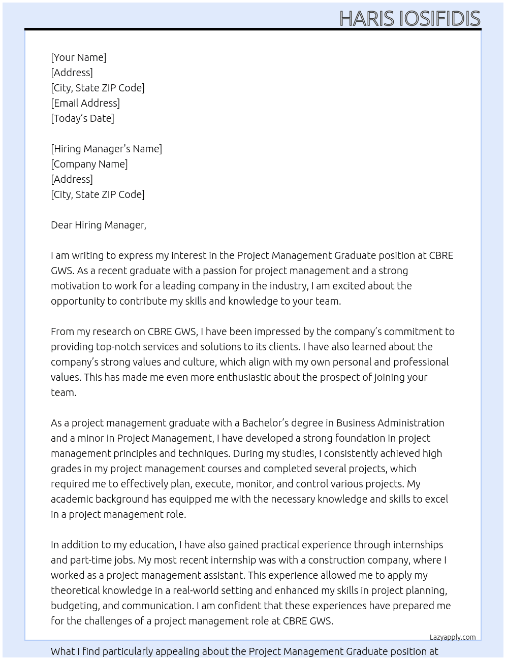 Project Management Graduate At CBRE GWS Cover Letter