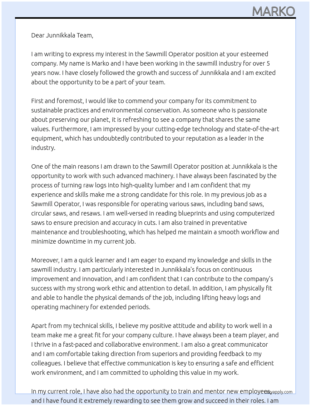 sawmill operator At junnikkala Cover Letter