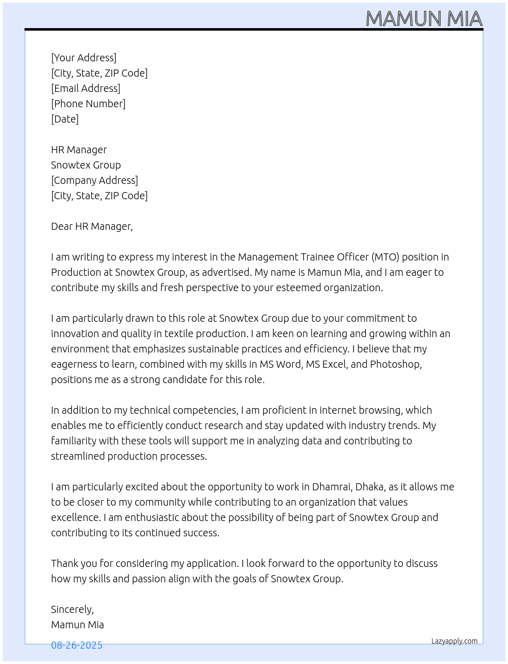 MTO At Snowtex Group Cover Letter