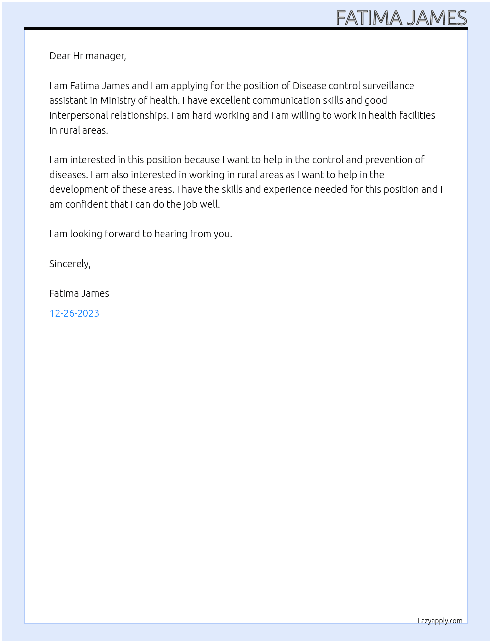 Disease control surveillance assistant  At Ministry of health  Cover Letter