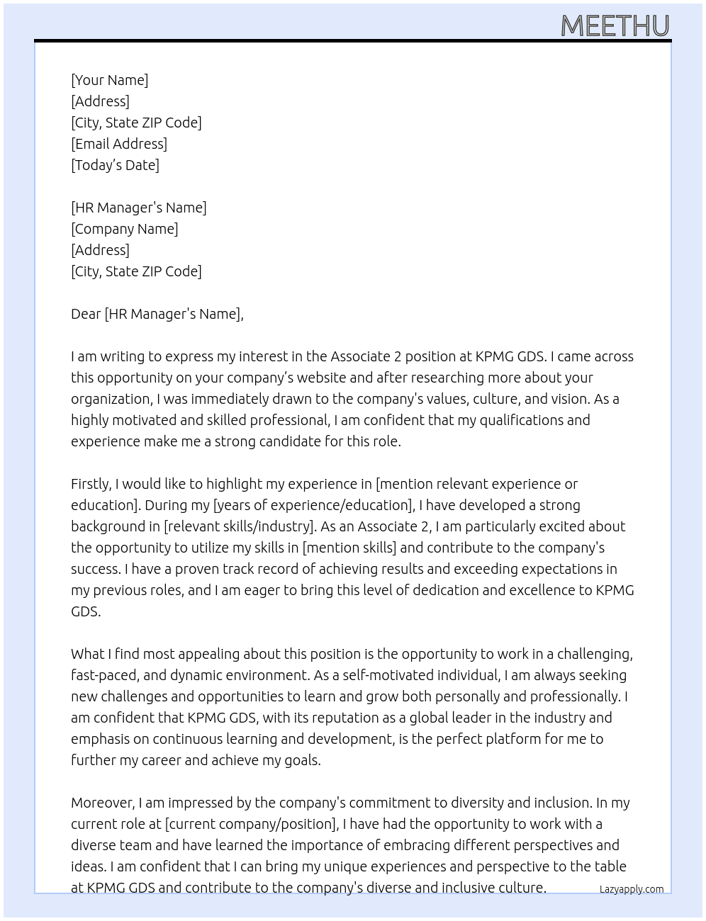 Associate 2 At KPMG GDS Cover Letter