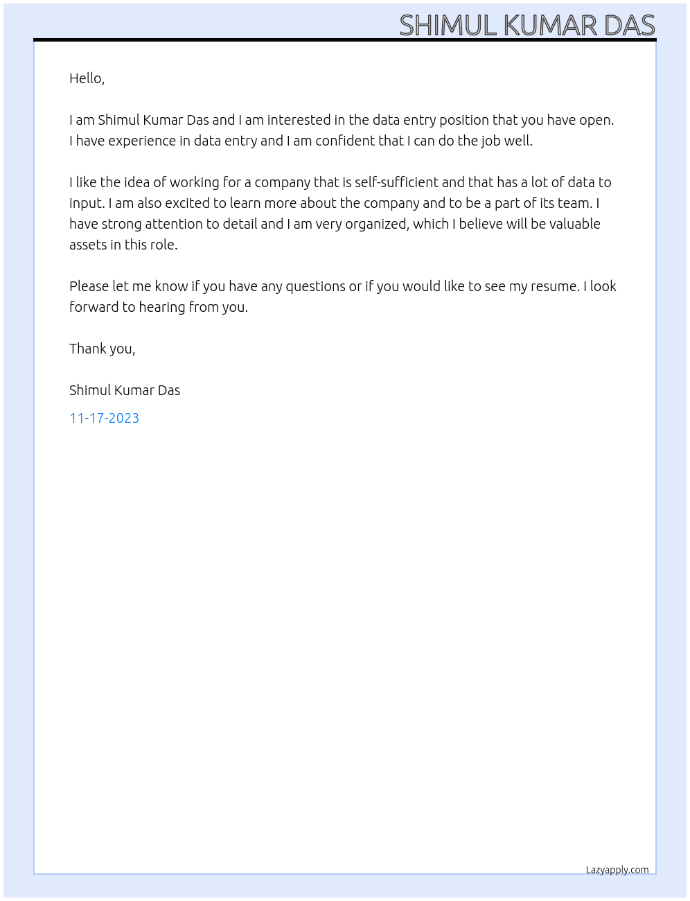 Data entry At my self Cover Letter