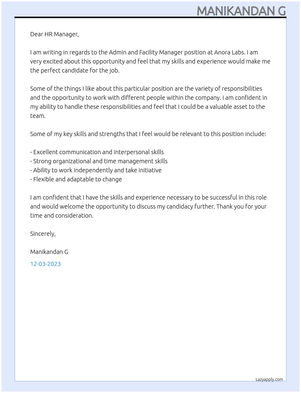 Admin and Facility Manager At Anora labs Cover Letter