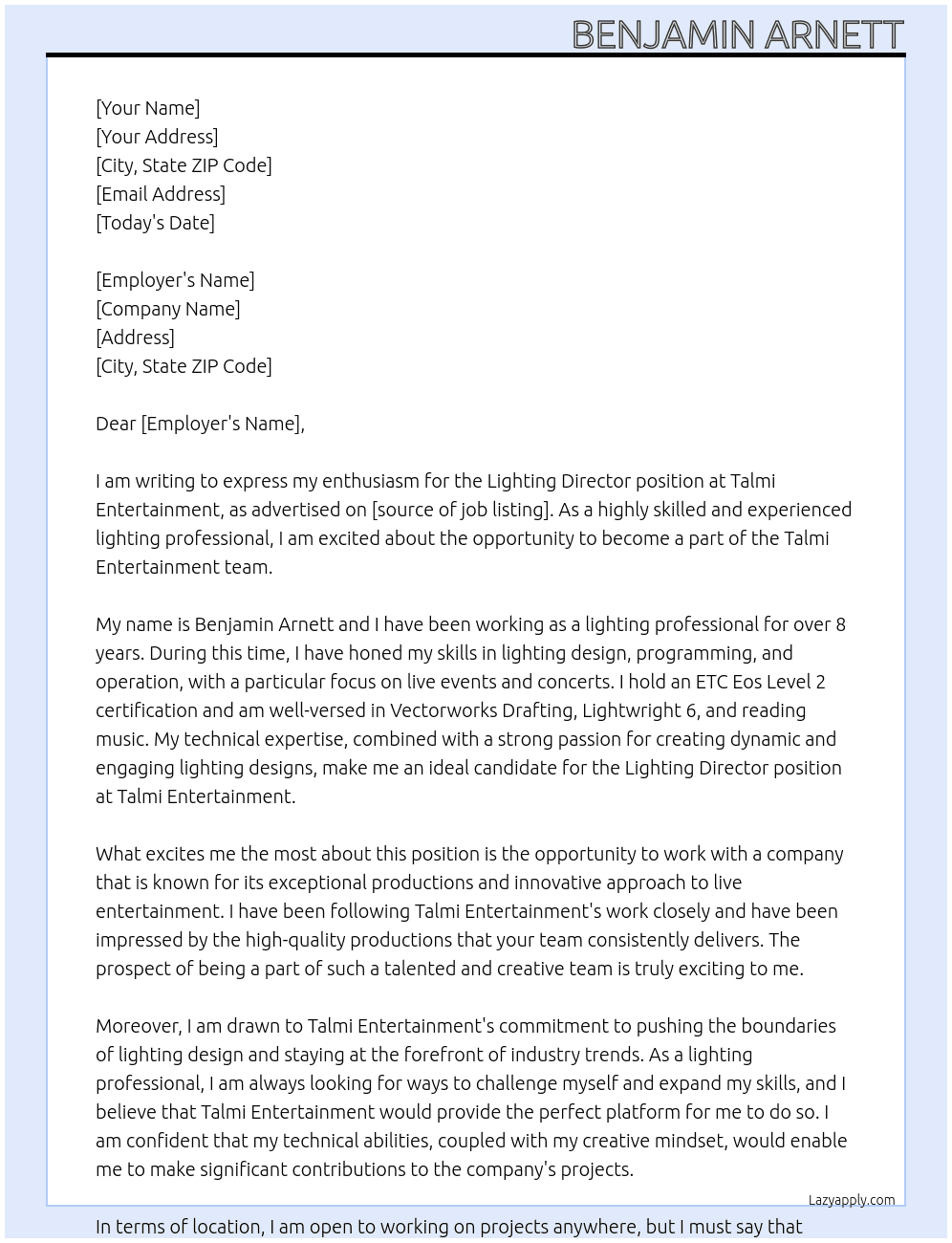 Lighting Director At Talmi Entertainment Cover Letter