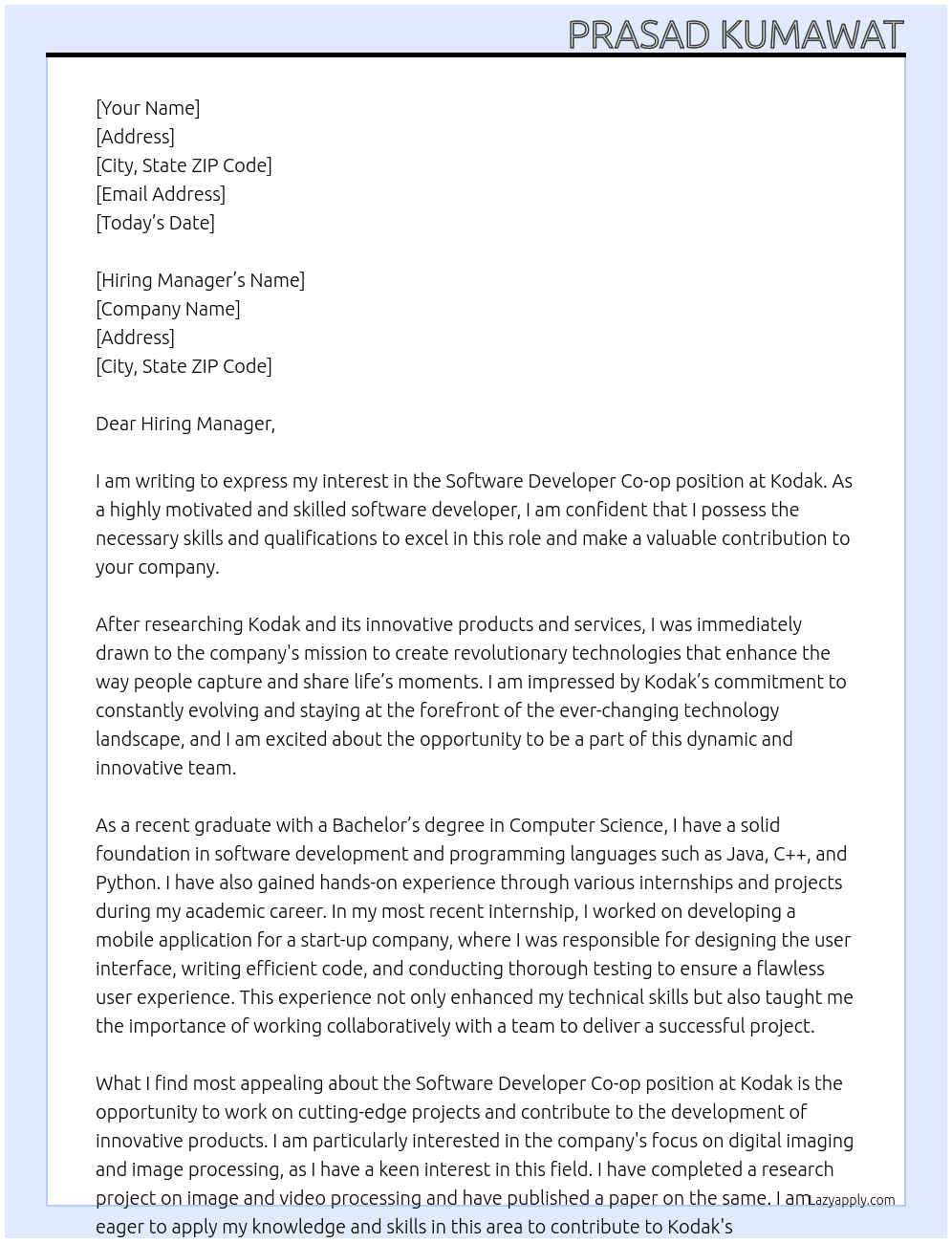 Software Developer Co-op At Kodak Cover Letter