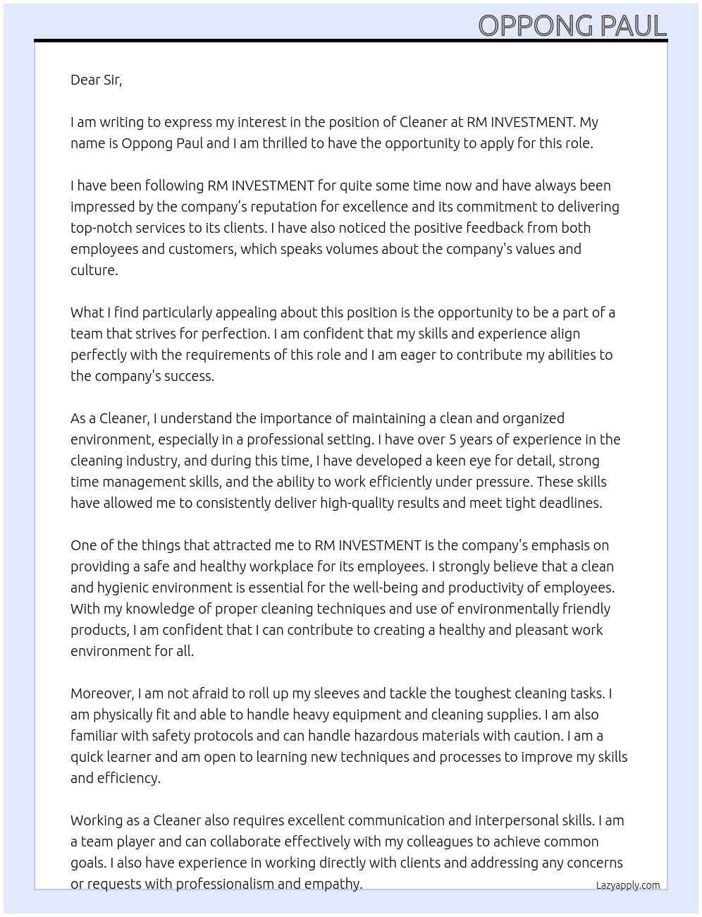 Cleaner At RM INVESTMENT Cover Letter