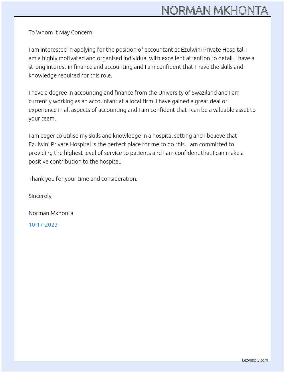 Accountant  At Ezulwini Private Hospital  Cover Letter