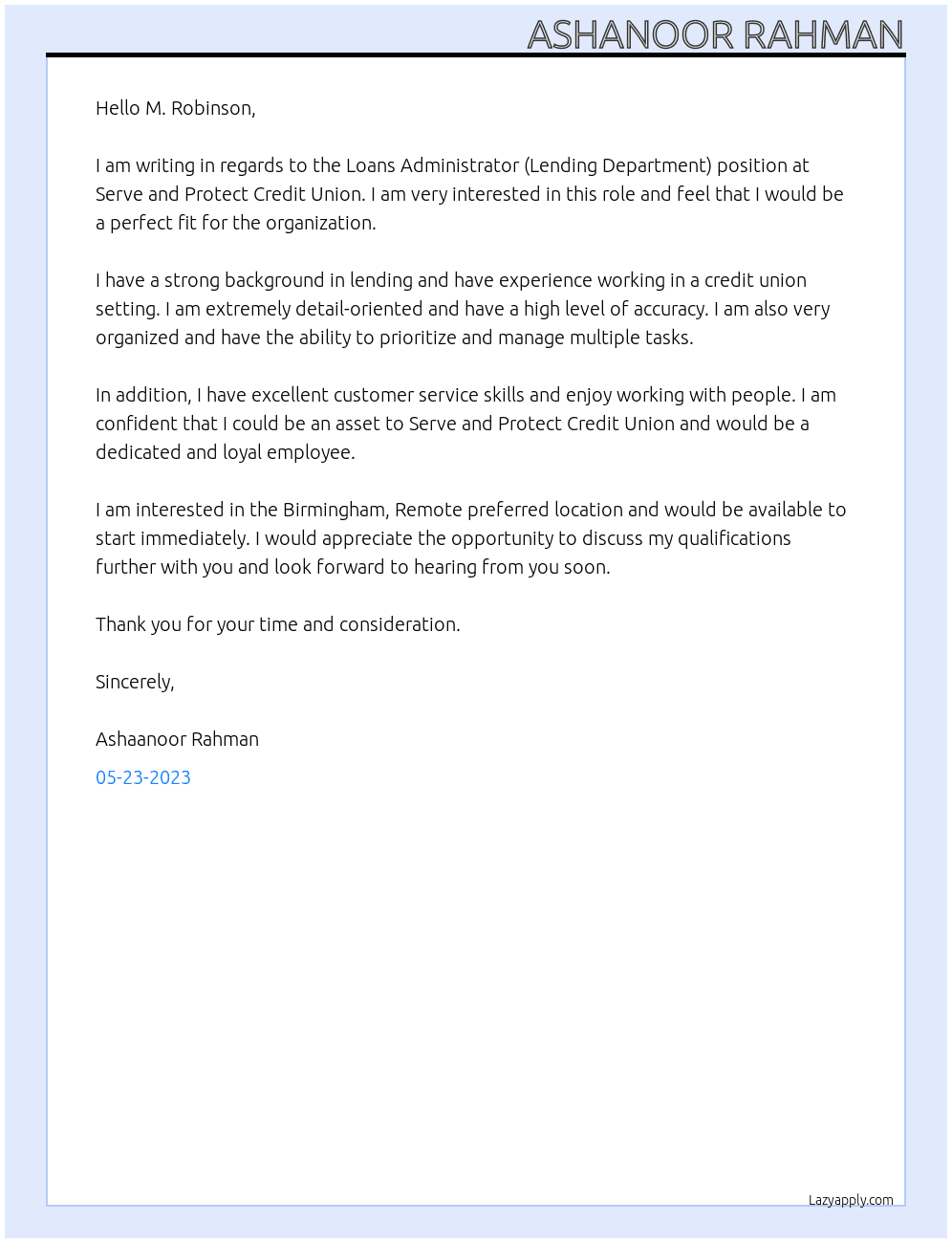 Loans Administrator (Lending Department) At Serve and Protect Credit Union Cover Letter