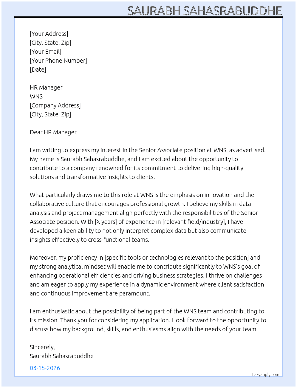 SENIOR ASSOCIATE At wns Cover Letter