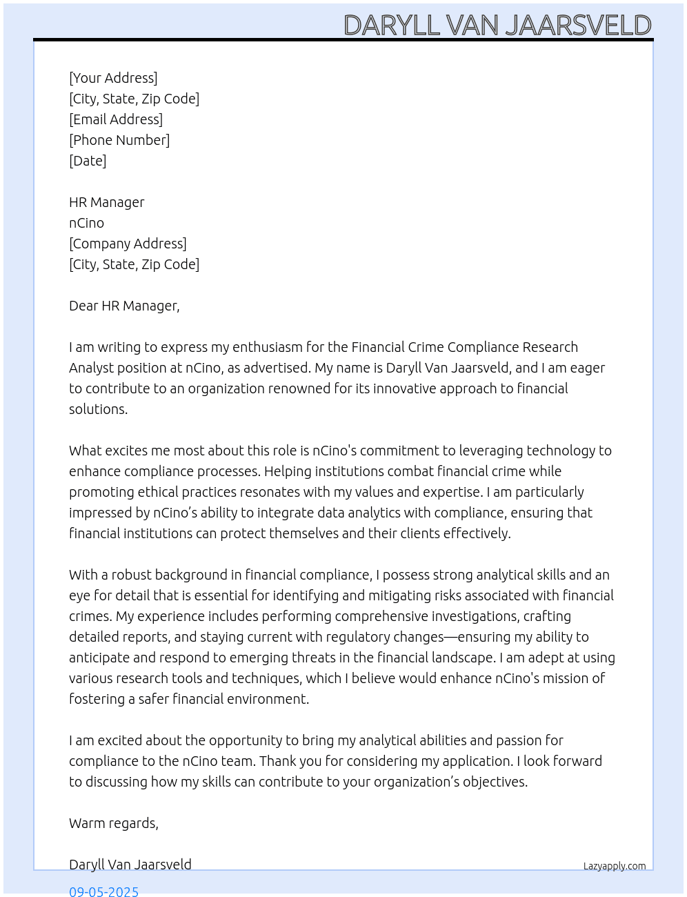 Financial Crime Compliance Research Analyst At nCino Cover Letter