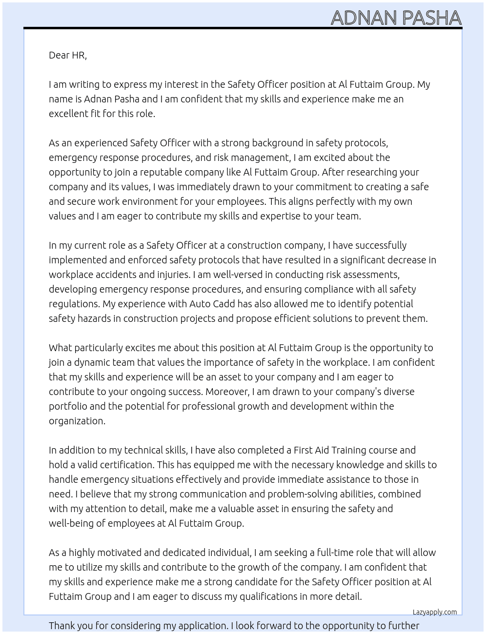 Safety officer  At Al Futtaim Group  Cover Letter