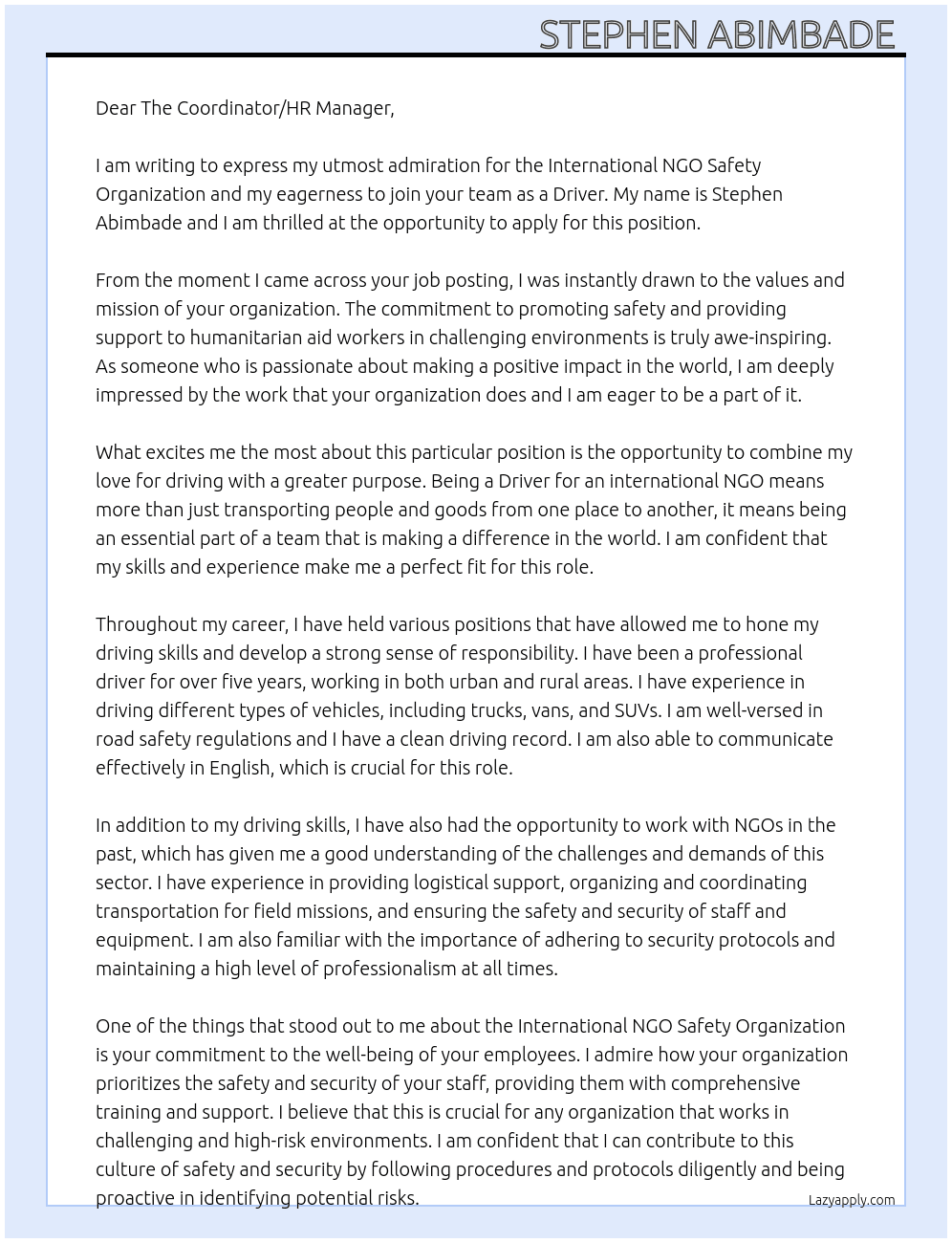 Driver At International NGO Safety Organization Cover Letter