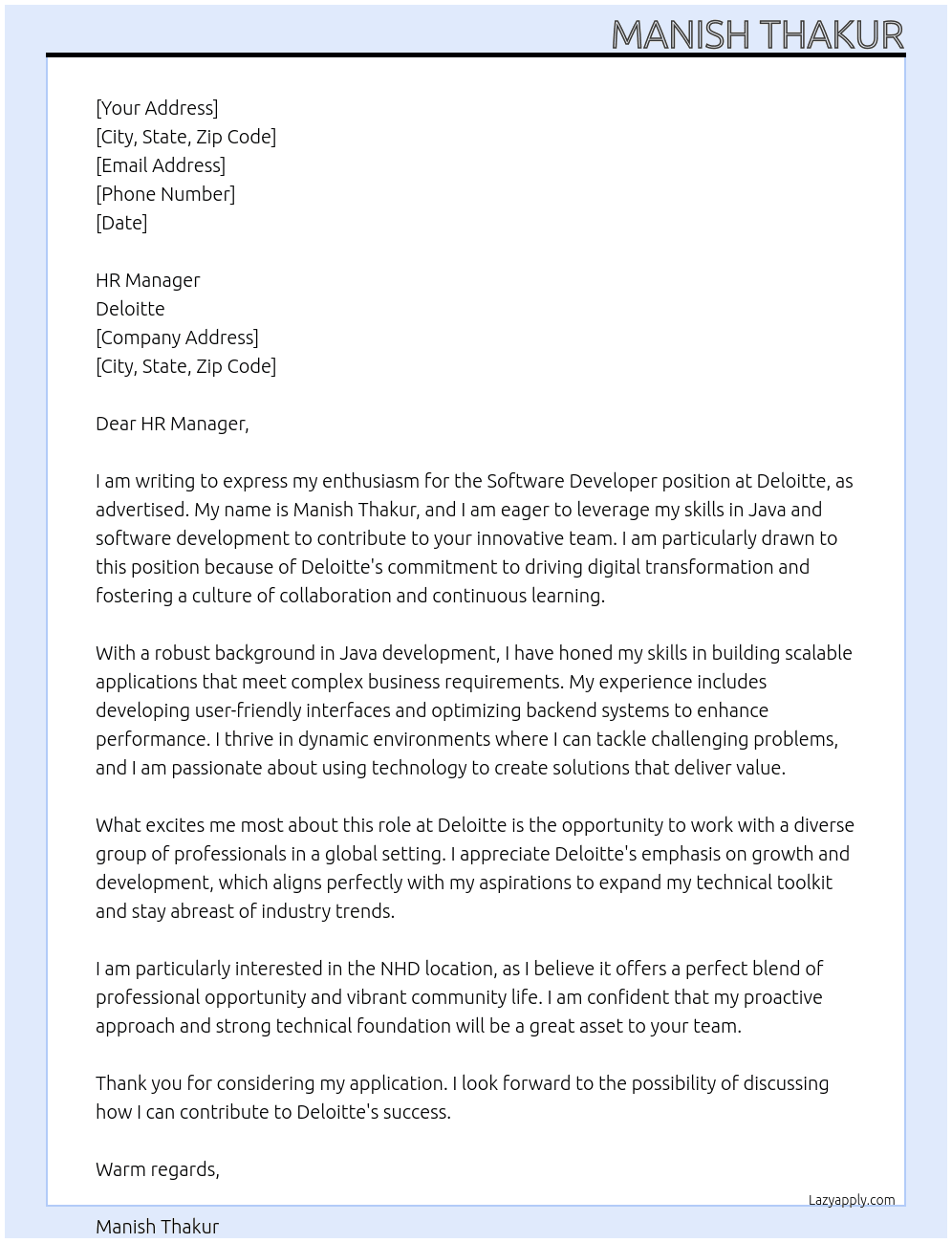 Software developer At Deloitte Cover Letter