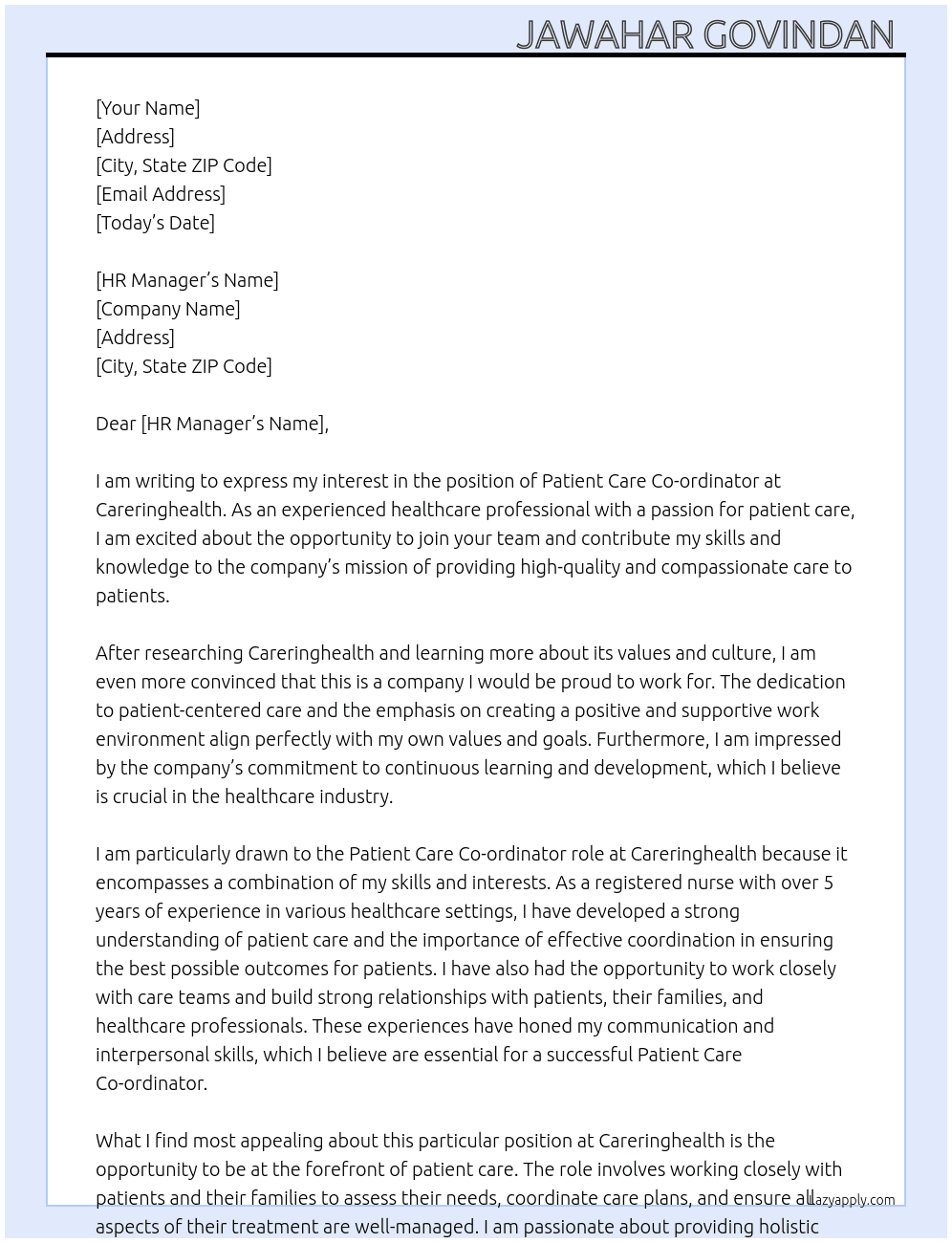 Patient care co-ordinator At Careringhealth Cover Letter