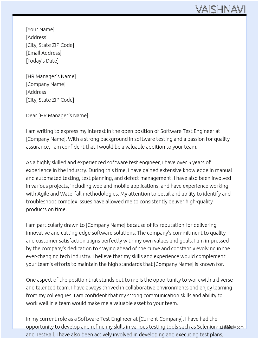 Software Test Engineer At general Cover Letter