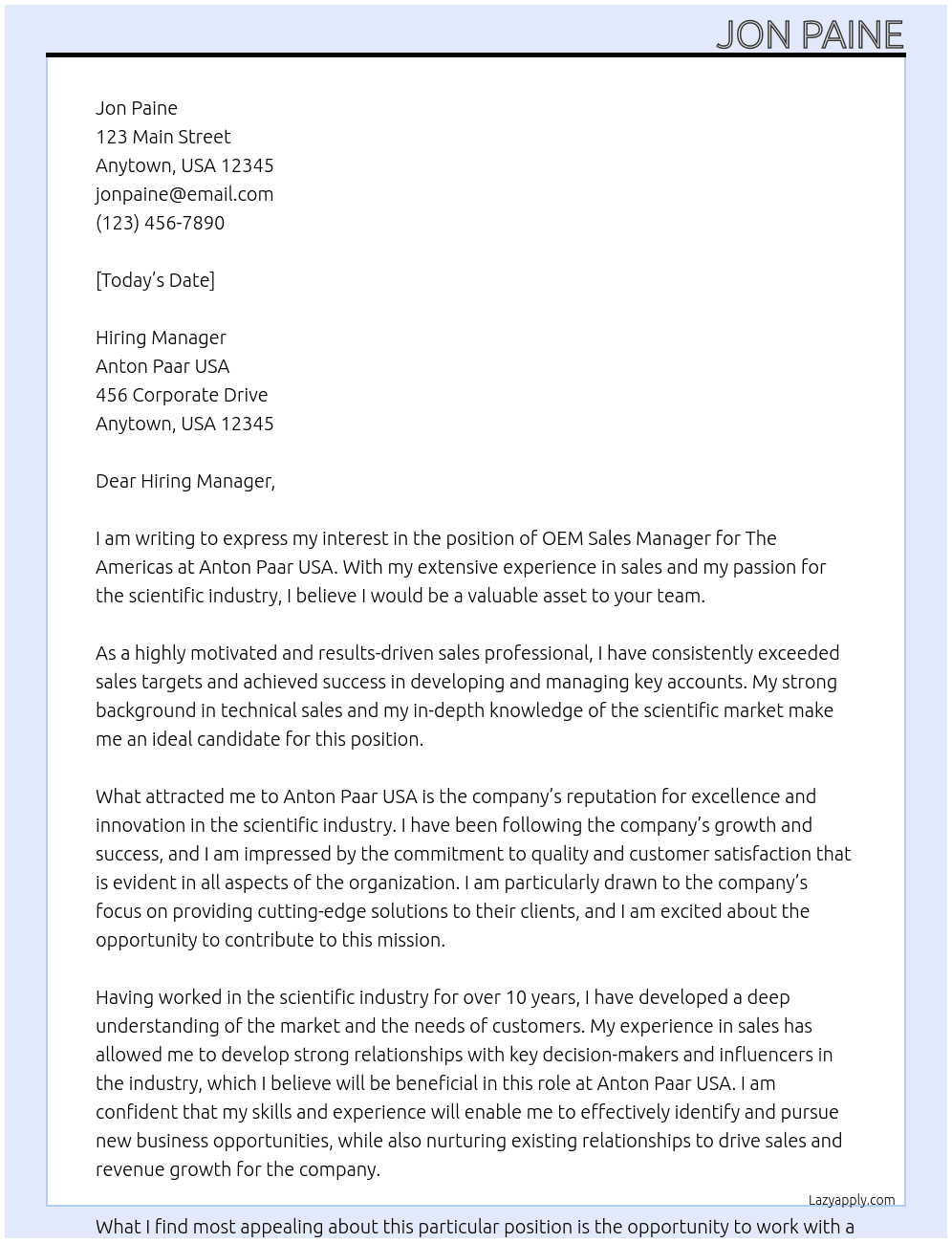 OEM Sales Manager The Americas At Anton Paar USA Cover Letter