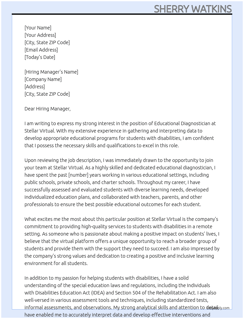 Educational Diagnostician At Stellar Virtual Cover Letter
