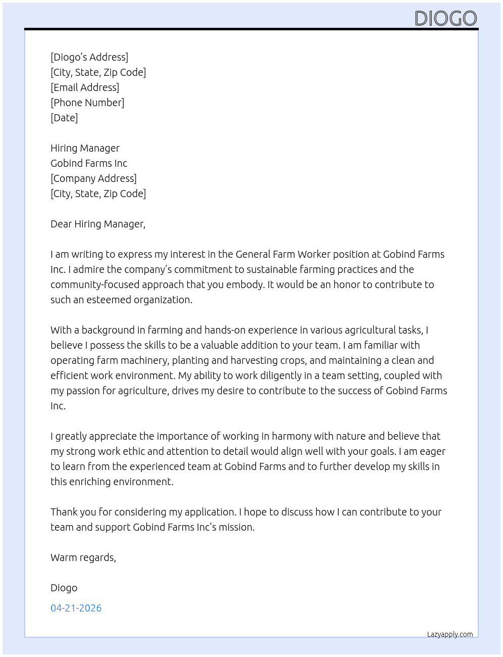 general farm worker  At Employer detailsGobind Farms Inc Cover Letter