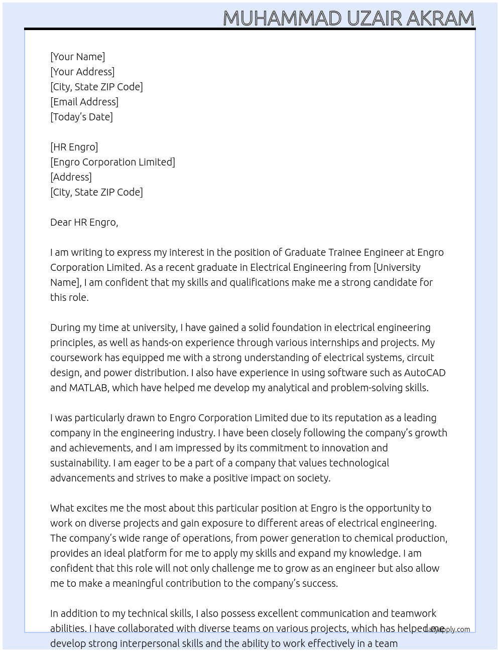 Graduate Trainee Engineer At Engro Corporation Limited Cover Letter