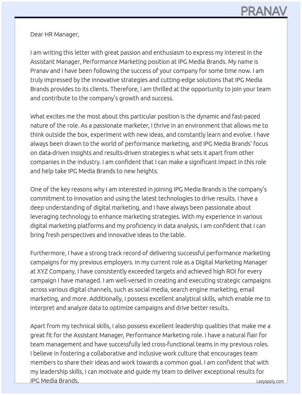 Assistanr Manager, Performance Marketing At IPG Mrdia Brands Cover Letter