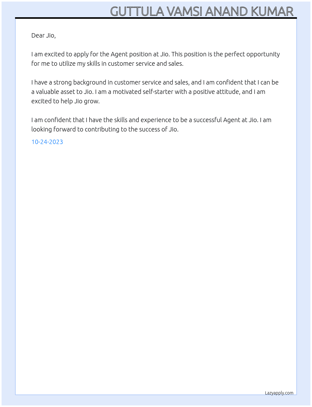 Agent  At Jio Cover Letter