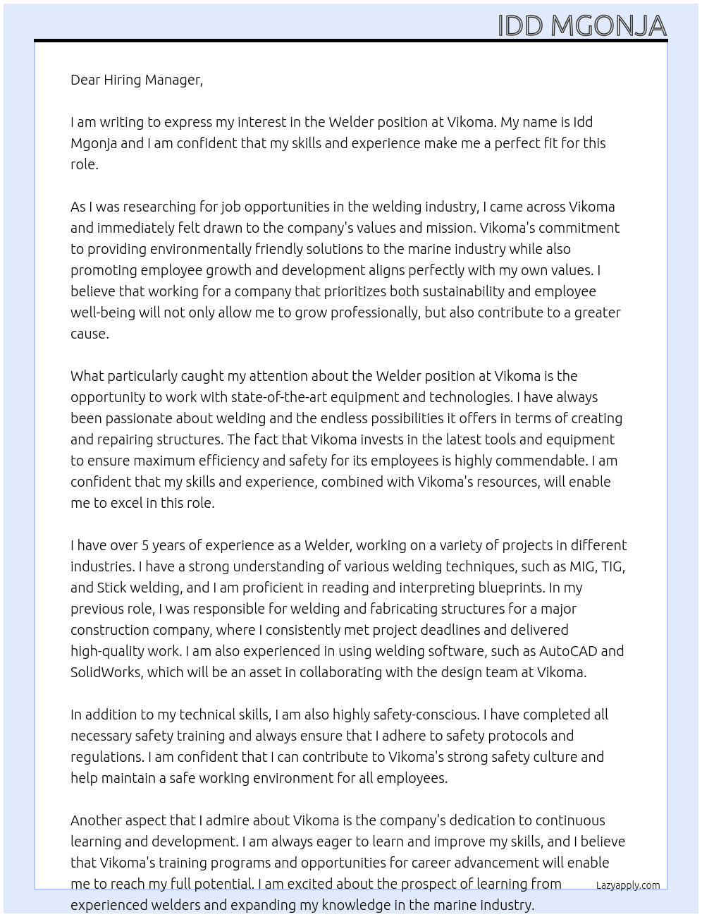 Welder At Vikoma Cover Letter