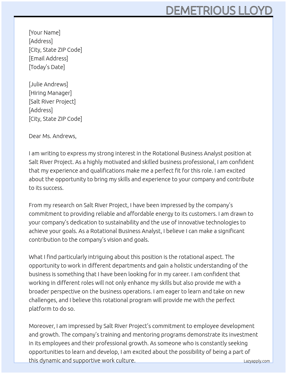 Rotational Business Analyst At Salt River Project Cover Letter