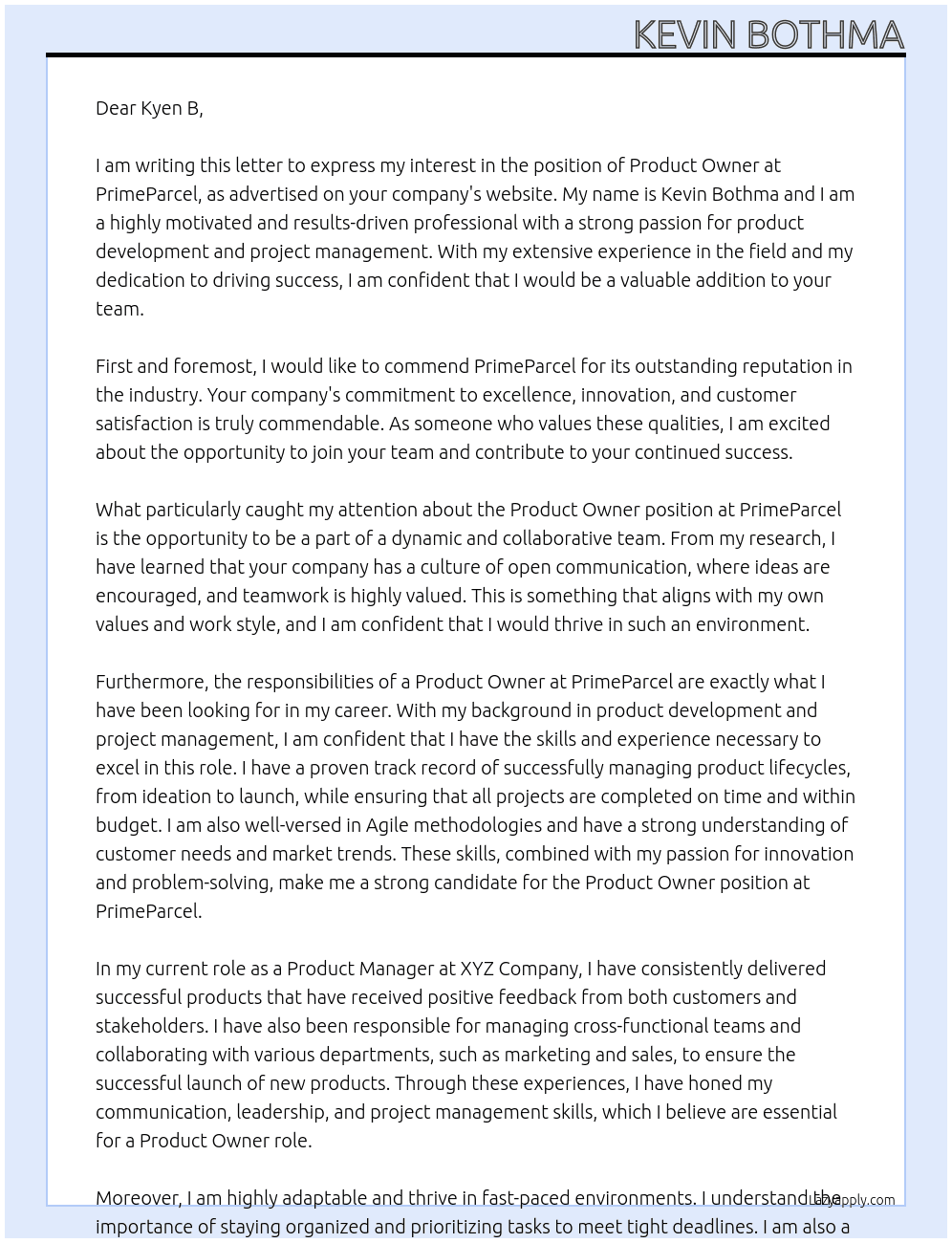 Product Owner At PrimeParcel Cover Letter