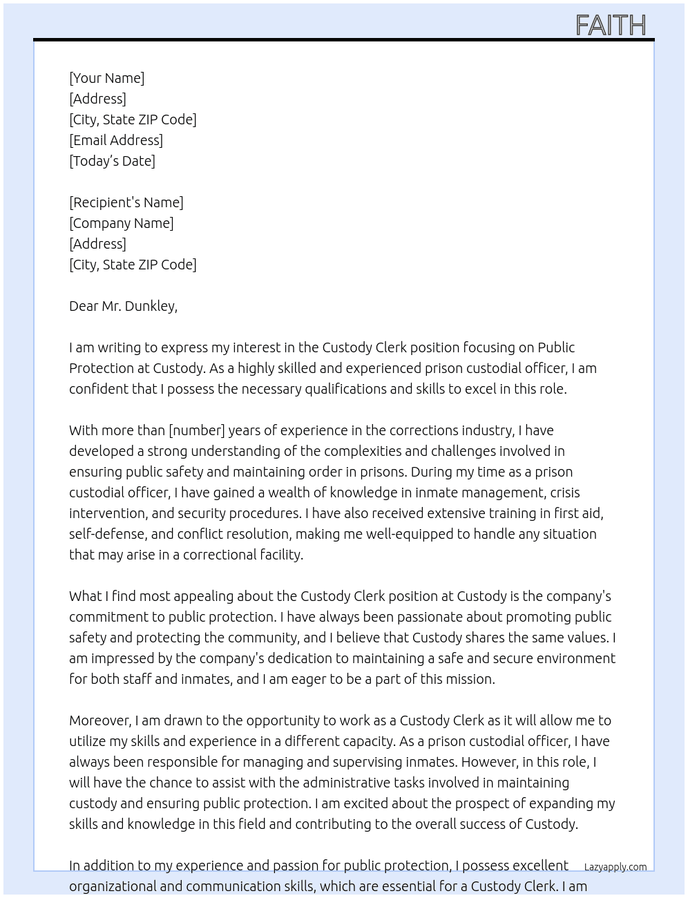 Custody Clerk focusing on Public Protection. At Custody Cover Letter