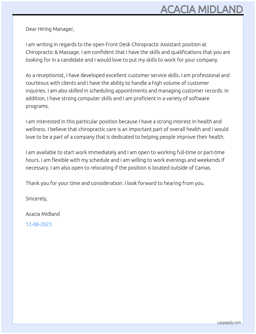 Front desk chiropractic assistant  At Chiropractic & Massage Cover Letter