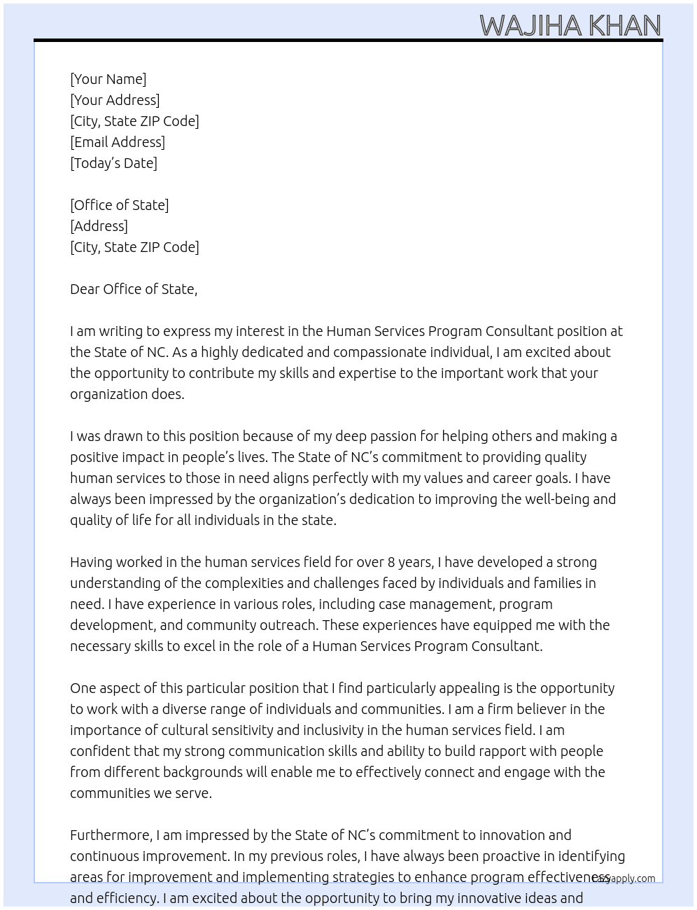 Human Services Program Consultant  At State of NC Cover Letter