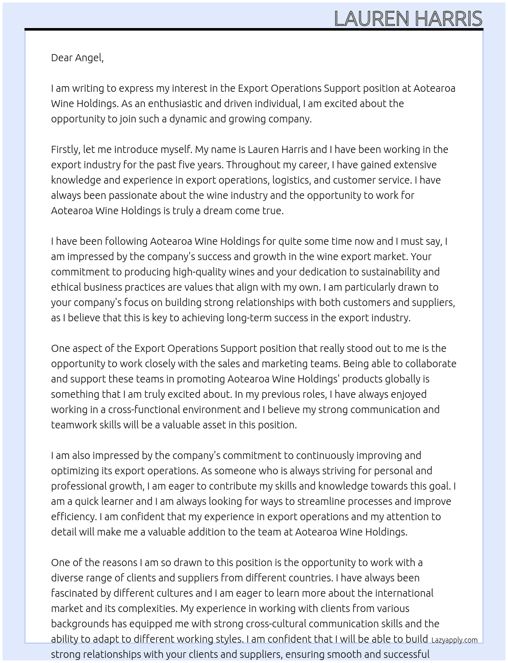 Export Operations Support At Aotearoa Wine Holdings Cover Letter