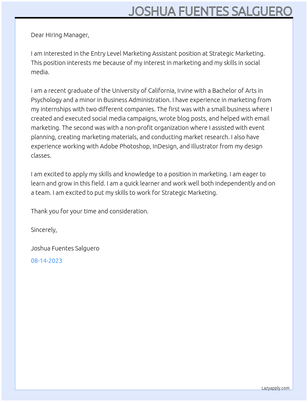 Entry Level Marketing Assistant  At Strategic Marketing Cover Letter