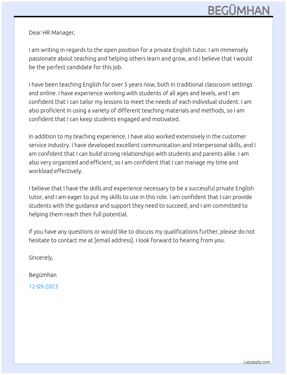 Private English tutor (Remote At Bb Cover Letter