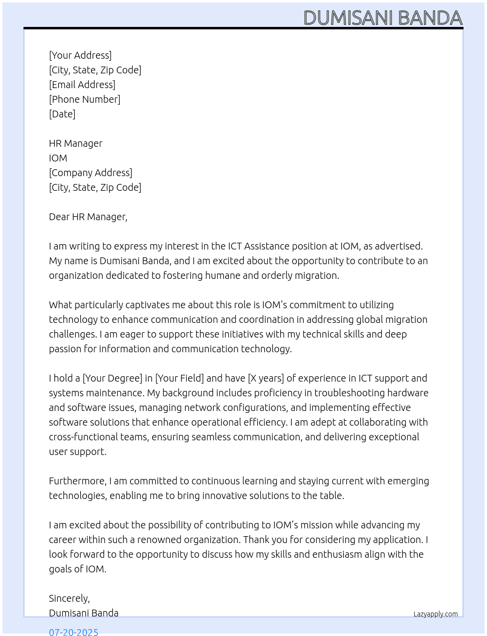 ICT ASSISTANCE At IOM Cover Letter