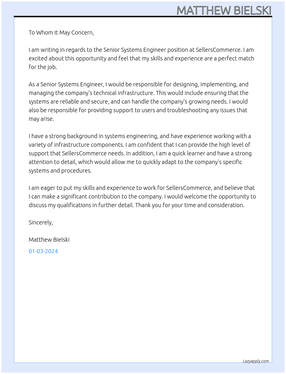 Senior Systems Engineer At SellersCommerce Cover Letter