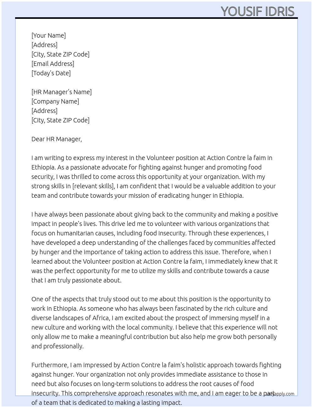 Seek Volunteer opportunity  At Action Contre la faim in Ethiopia  Cover Letter