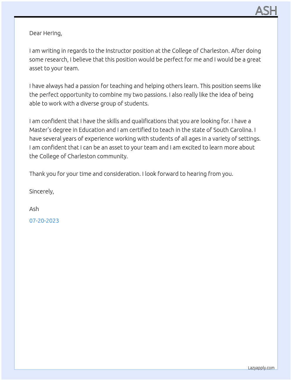 Instructor At College of Charleston  Cover Letter