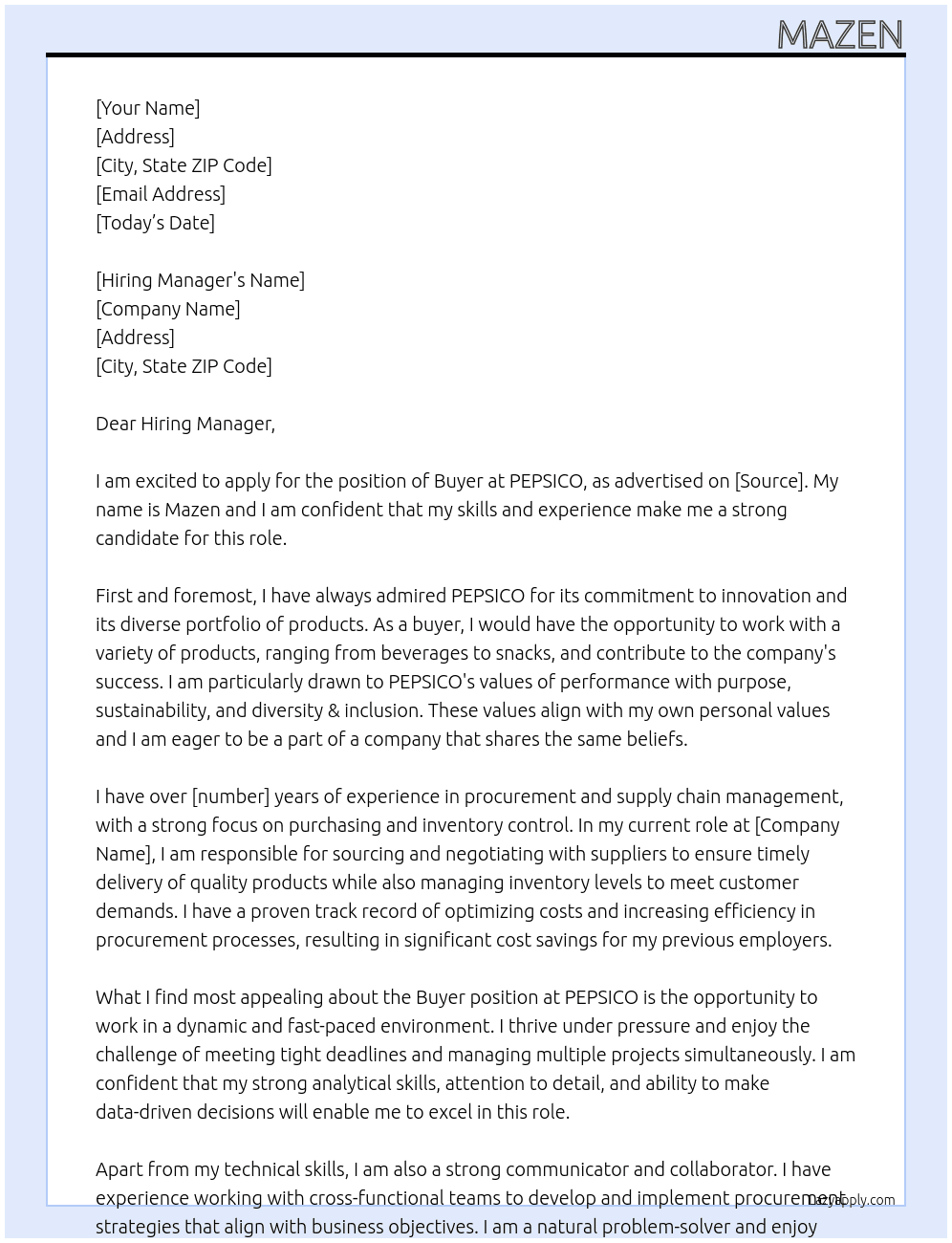 Buyer At PEPSICO Cover Letter