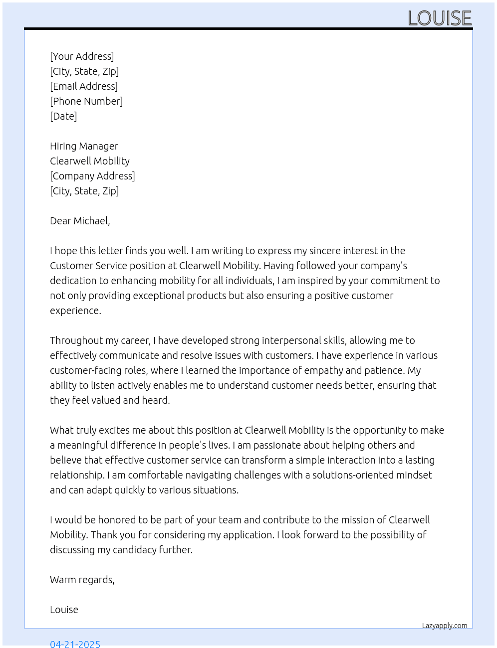 Customer service  At Clearwell mobility Cover Letter