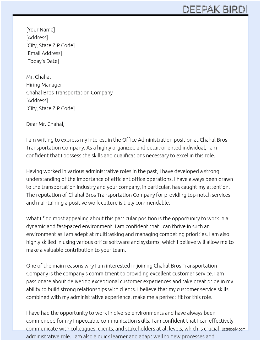 office administration At Chahal Bros Transportation Company Cover Letter