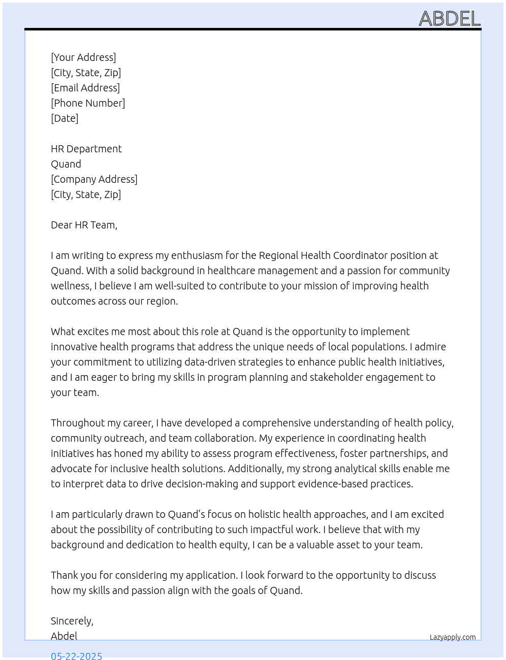 regional health coordinator At quand Cover Letter