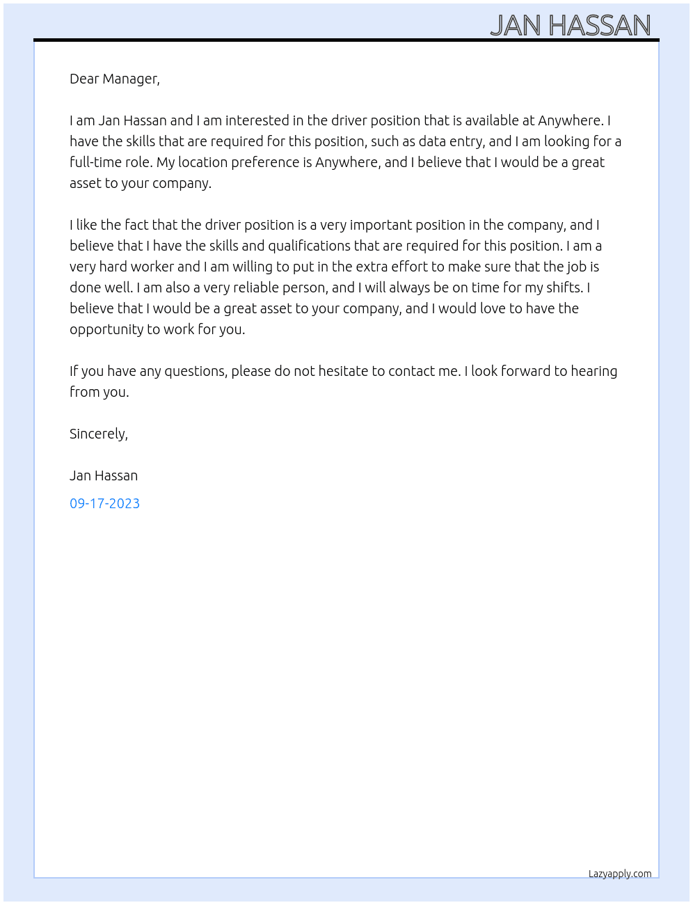 Driver At Anywhere  Cover Letter