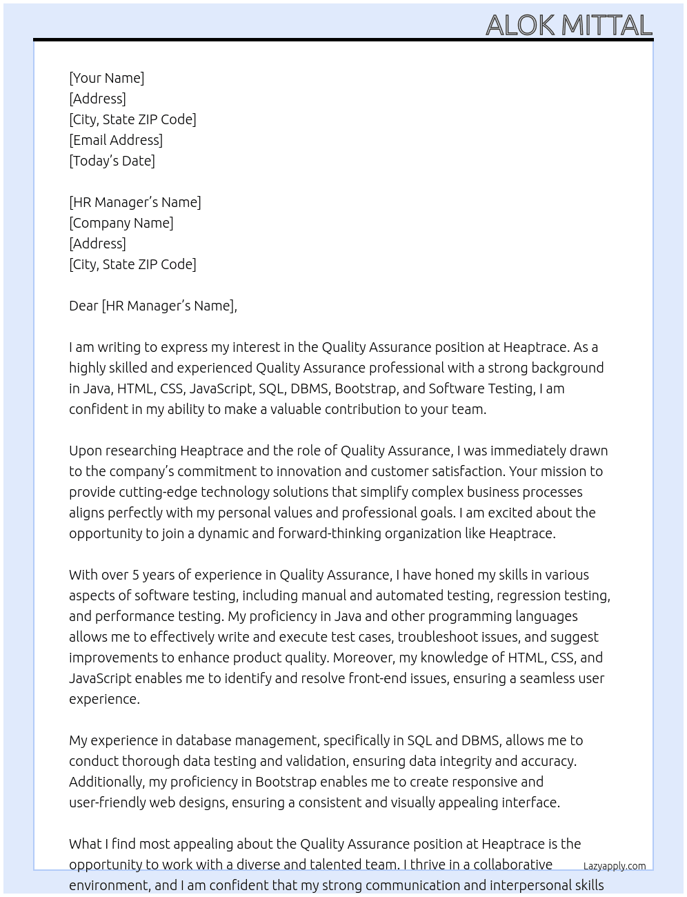 Quality Assurance  At Heaptrace Cover Letter