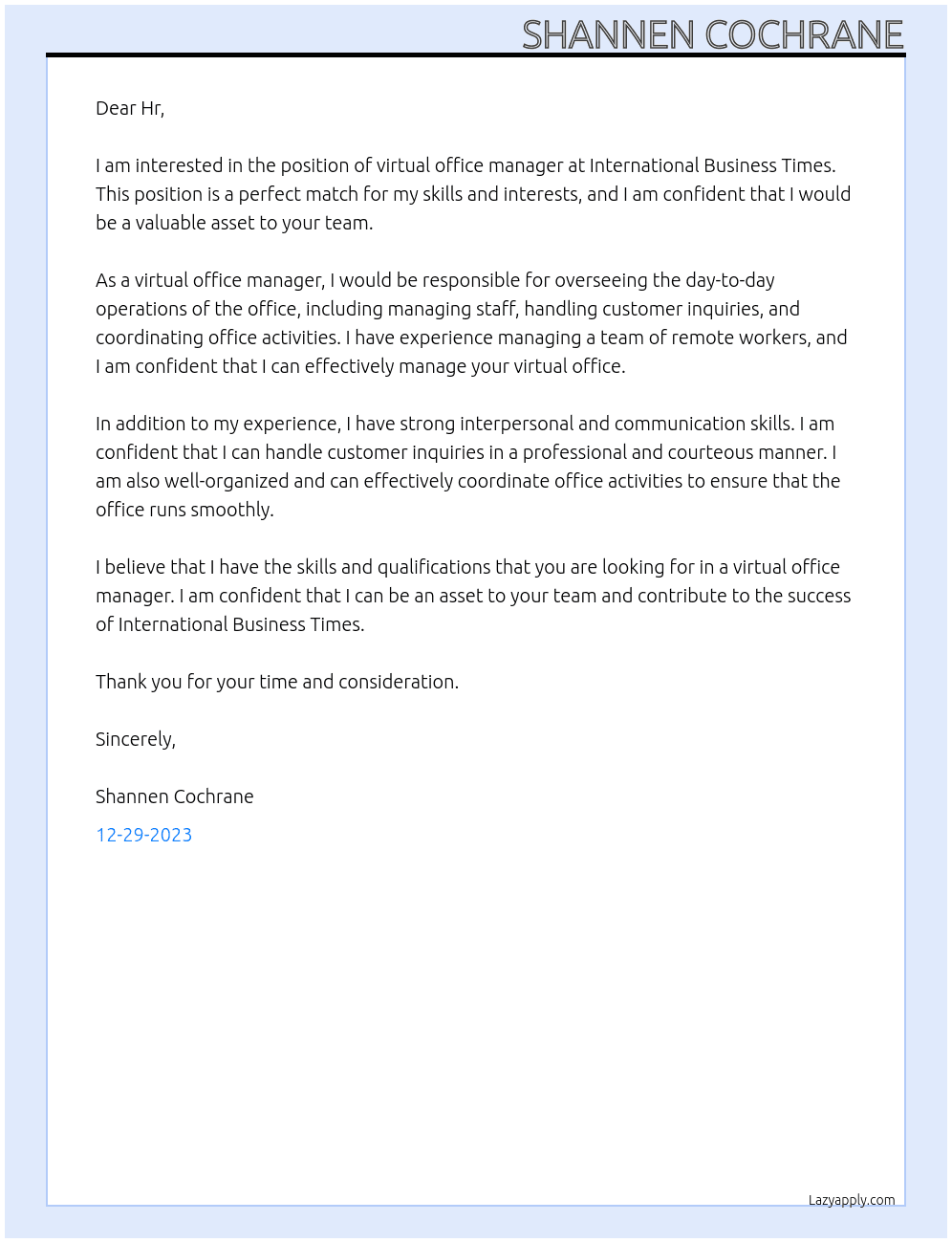 virtual office manager At International Business Times Cover Letter