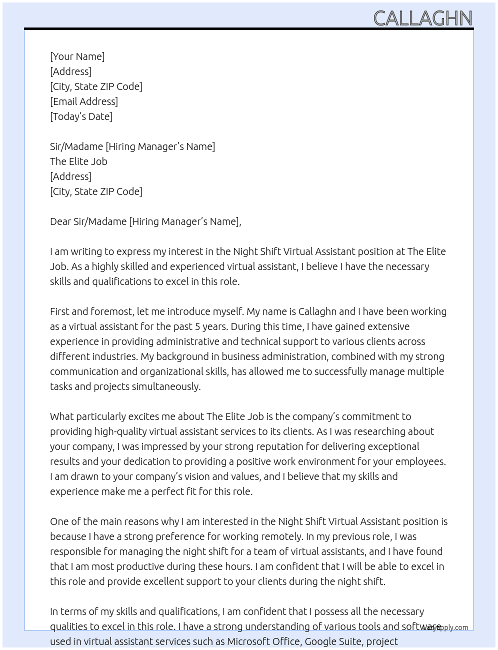 Night shift virtual assistant At The Elite Job Cover Letter
