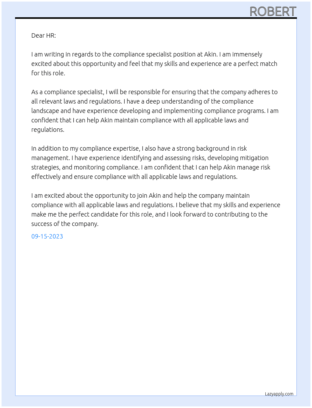 Compliance specialist At Akin Cover Letter