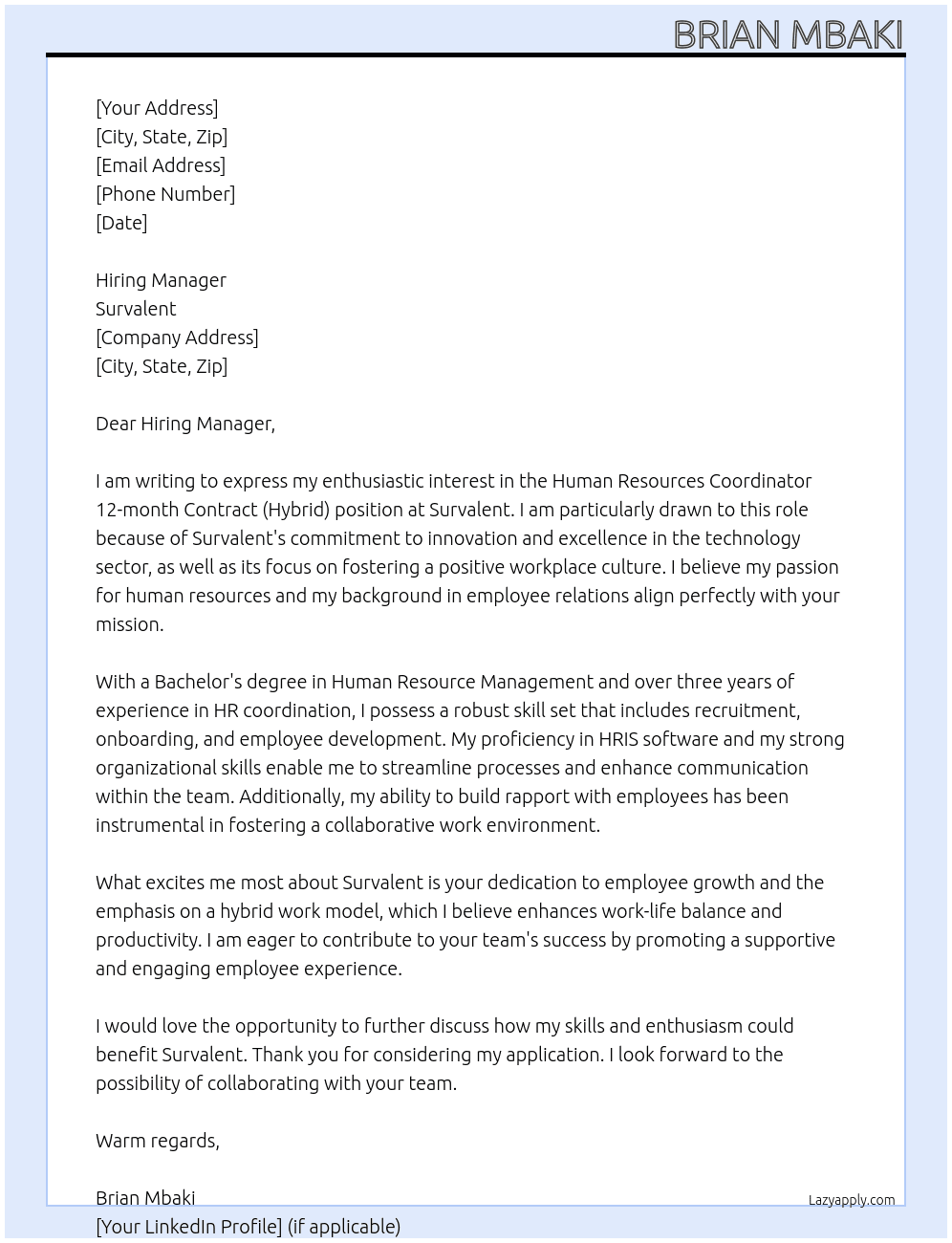 Human Resources Coordinator 12-month Contract (Hybrid) At Survalent Cover Letter