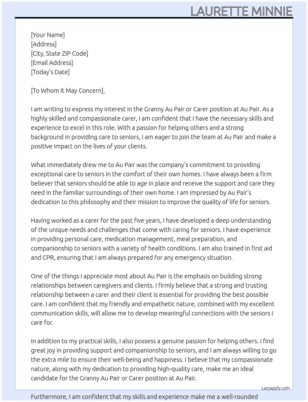Granny Au Pair or Carer  At Au Pair  Cover Letter