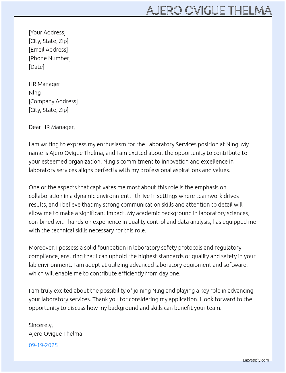 Laboratory services  At Nlng Cover Letter